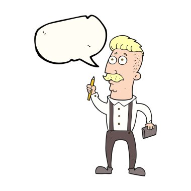 konuşma kabarcık karikatür adam defter ile