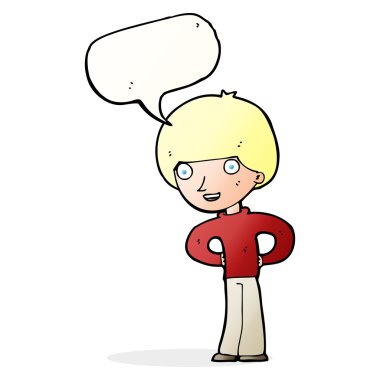 çizgi filmdeki mutlu çocuk, elleri kalçasında konuşma baloncuğu olan.