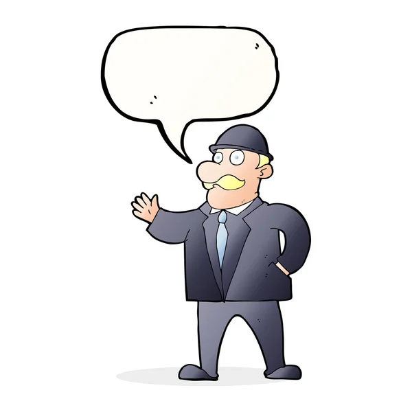 Γελοιογραφία συνετή επιχειρηματική άνθρωπος με το καπέλο σφαιριστής με το συννεφάκι λόγου — Διανυσματικό Αρχείο