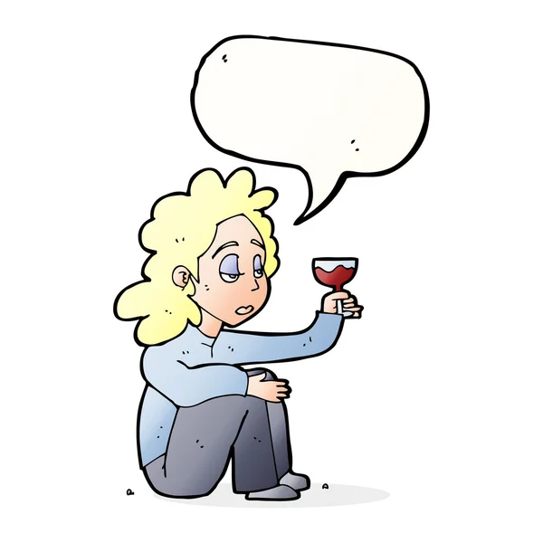 Dibujos animados mujer infeliz con copa de vino con burbuja del habla — Vector de stock