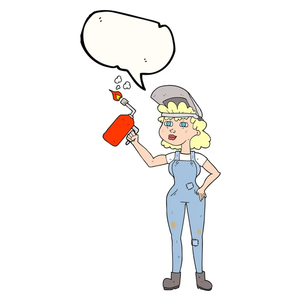 Fala bolha desenho animado mulher soldagem — Vetor de Stock