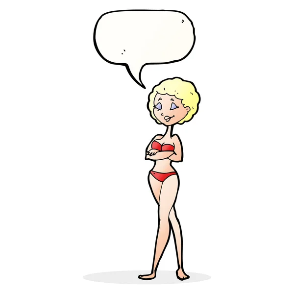 Cartoon retro woman in bikini with speech bubble — Stock Vector