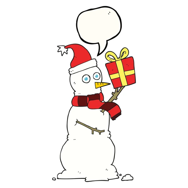 Speech bubble cartoon snowman holding present — Stock Vector