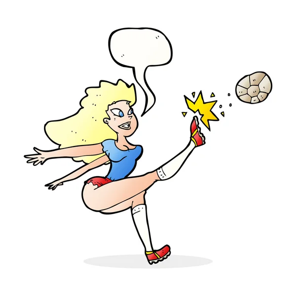 Cartoon vrouwelijke voetballer schoppen bal met spraakbel — Stockvector