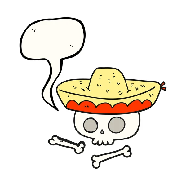 Discorso bolla cartone animato cranio in cappello messicano — Vettoriale Stock