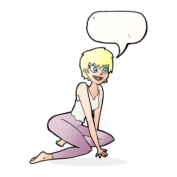 Cartoon gelukkig vrouw zitten op de vloer met spraak zeepbel — Stockvector