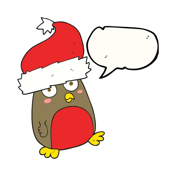 Speech bubble cartoon christmas robin wearing santa hat — Stock Vector