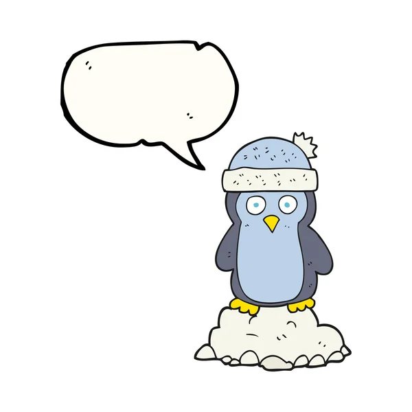 Discurso burbuja dibujos animados pingüino usando sombrero — Vector de stock