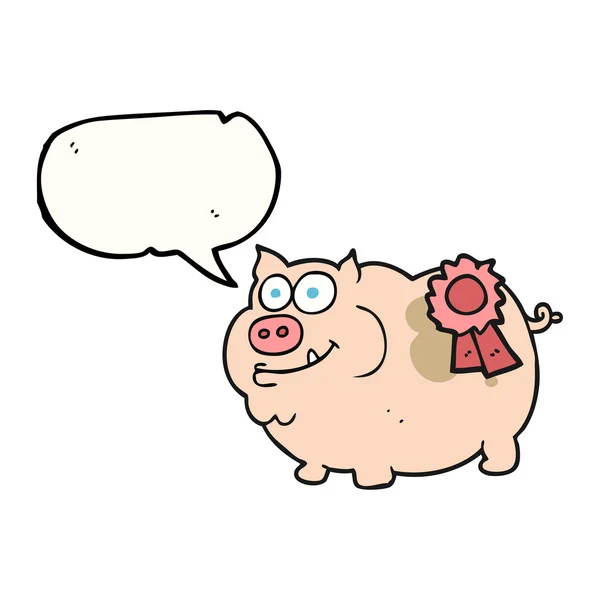 Discurso burbuja dibujos animados premio cerdo ganador — Vector de stock