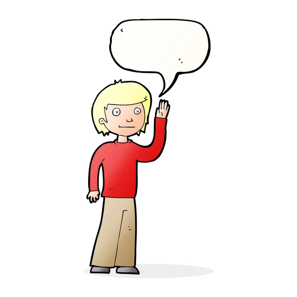 Cartoon freundlicher Junge winkt mit Sprechblase — Stockvektor