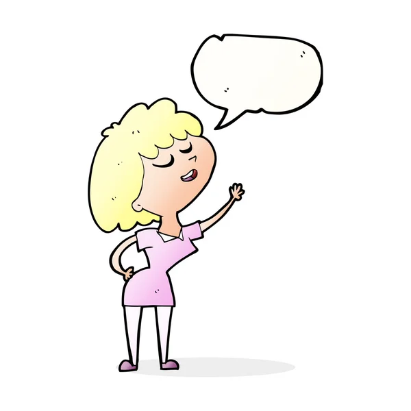 Cartoon gelukkig vrouw over te spreken met tekstballon — Stockvector