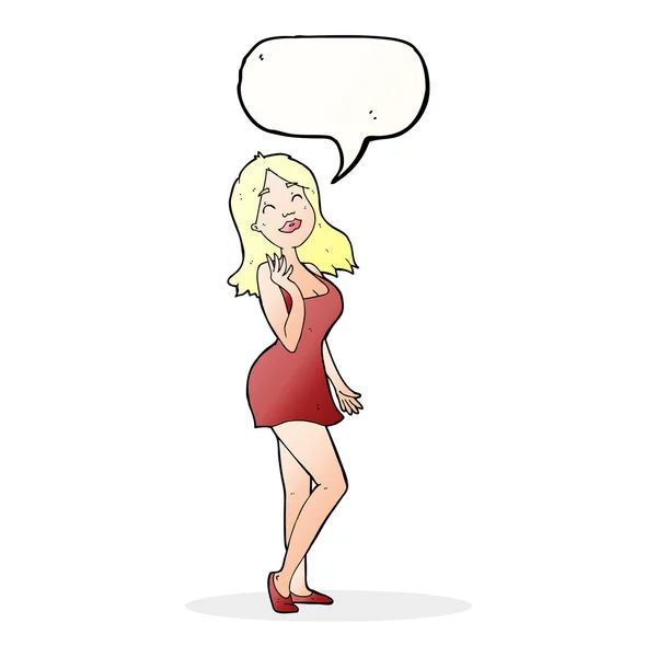 Cartoon pretty woman in cocktail dress with speech bubble — Stock Vector