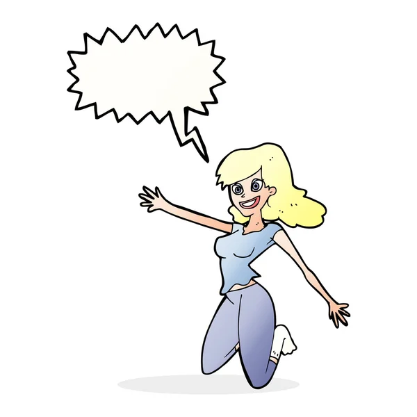 Cartoon jumping mulher com bolha de fala —  Vetores de Stock
