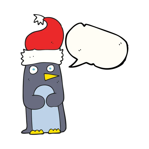 Discurso burbuja de dibujos animados pingüino en sombrero de Navidad — Archivo Imágenes Vectoriales