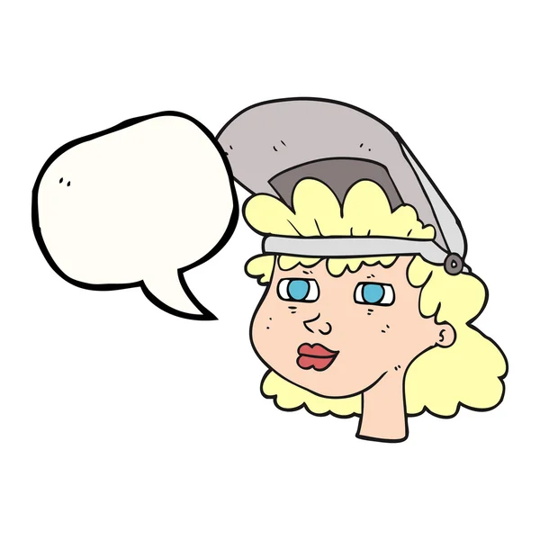 Tal bubbla cartoon kvinna med svetsning mask — Stock vektor