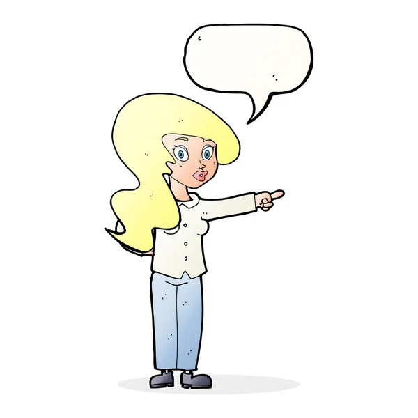Cartoon mooie vrouw wijzend met spraak zeepbel — Stockvector