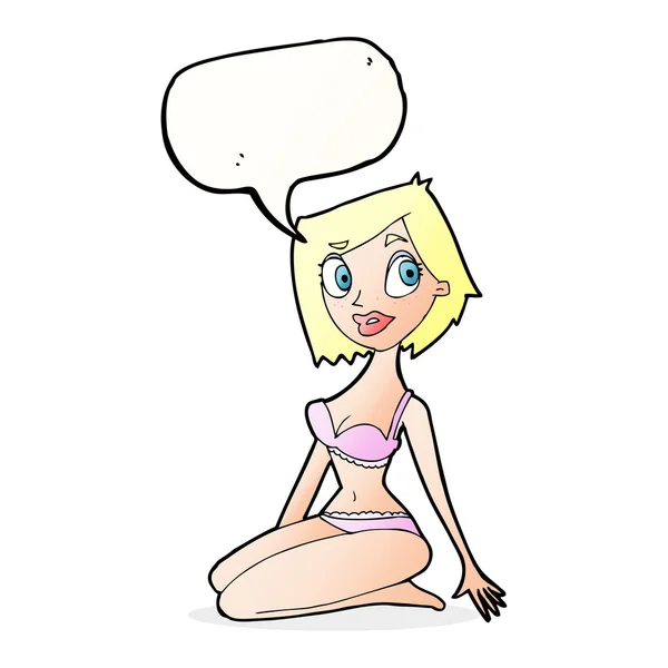 Cartoon mooie vrouw in ondergoed met spraak zeepbel — Stockvector