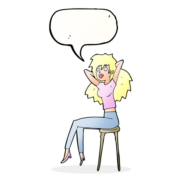 Mujer de dibujos animados posando en el taburete con burbuja del habla — Archivo Imágenes Vectoriales