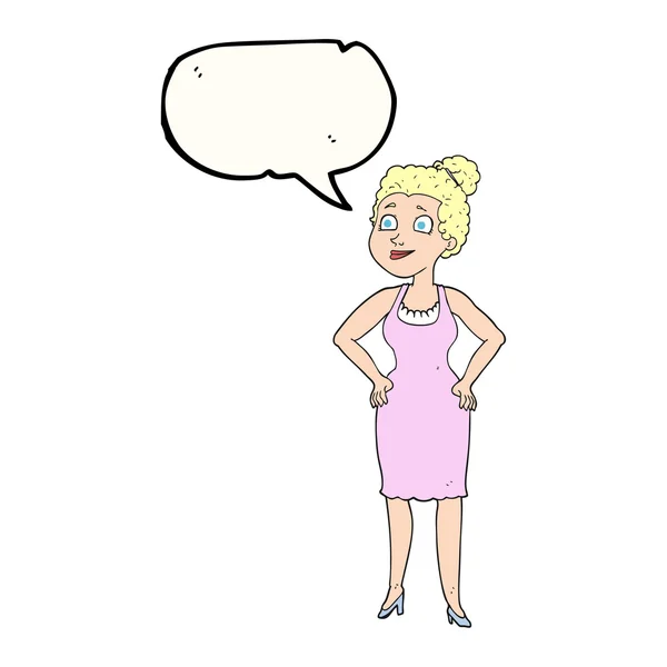 Elbise giyen konuşma kabarcık karikatür kadın — Stok Vektör