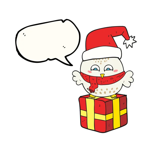 Discorso bolla cartone animato carino gufo di Natale sul regalo — Vettoriale Stock
