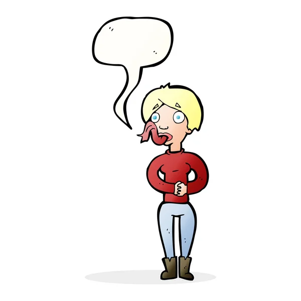Femme dessin animé avec langue de serpent avec bulle de parole — Image vectorielle