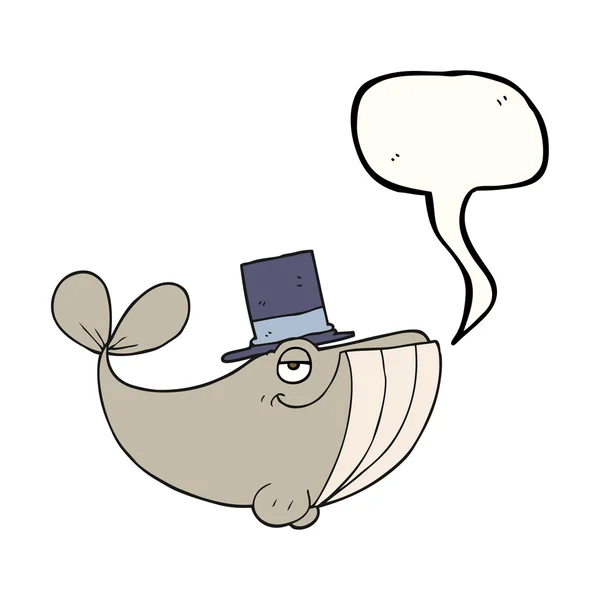 Discorso bolla cartone animato balena indossa cappello a cilindro — Vettoriale Stock