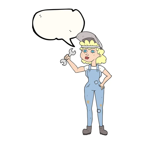 Toespraak bubble cartoon vrouw met spanner — Stockvector