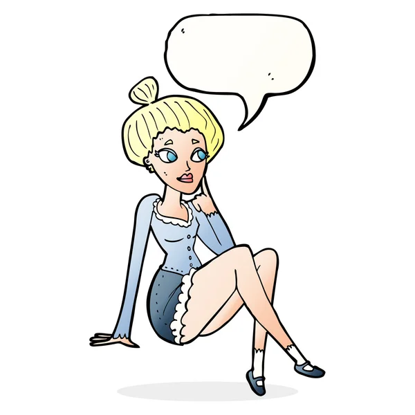 Cartoon attractive woman sitting thinking with speech bubble — Stock Vector