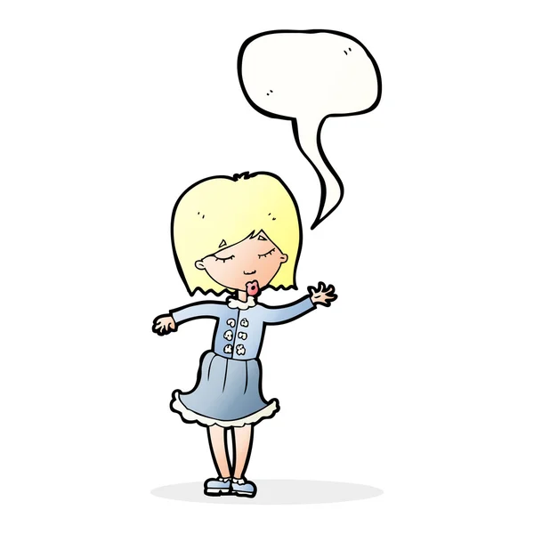 Cartoon waving woman with speech bubble — Stock Vector