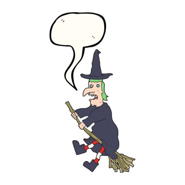 uçan süpürge üzerinde konuşma kabarcık karikatür cadı