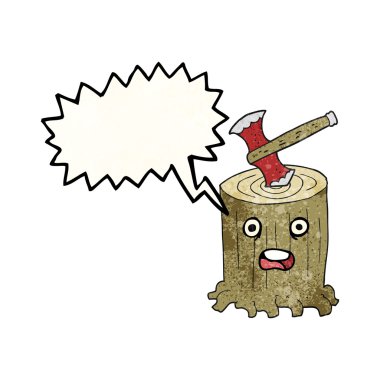 konuşma balonu dokulu karikatür ağaç kütüğü ve balta