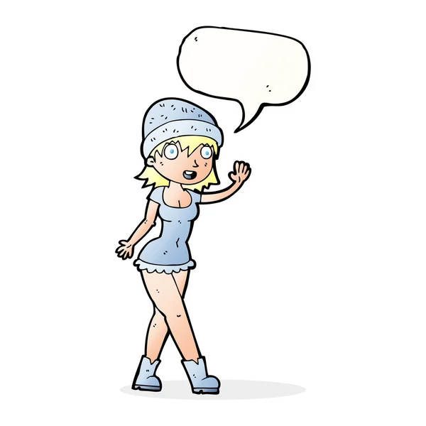 Cartone animato bella ragazza in cappello agitando con la bolla discorso — Vettoriale Stock