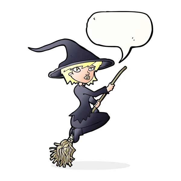 Cartoon witch riding broomstick with speech bubble — Stock Vector