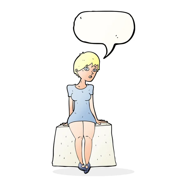 Desenho animado mulher curiosa sentado com bolha de fala —  Vetores de Stock