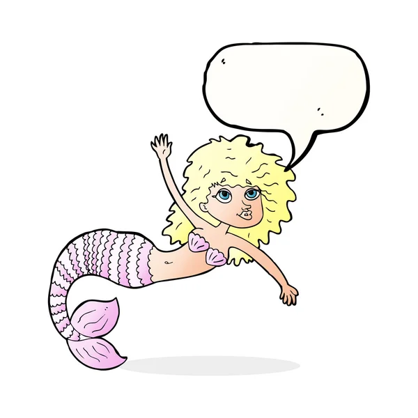 Cartoon pretty mermaid waving with speech bubble — Stock Vector