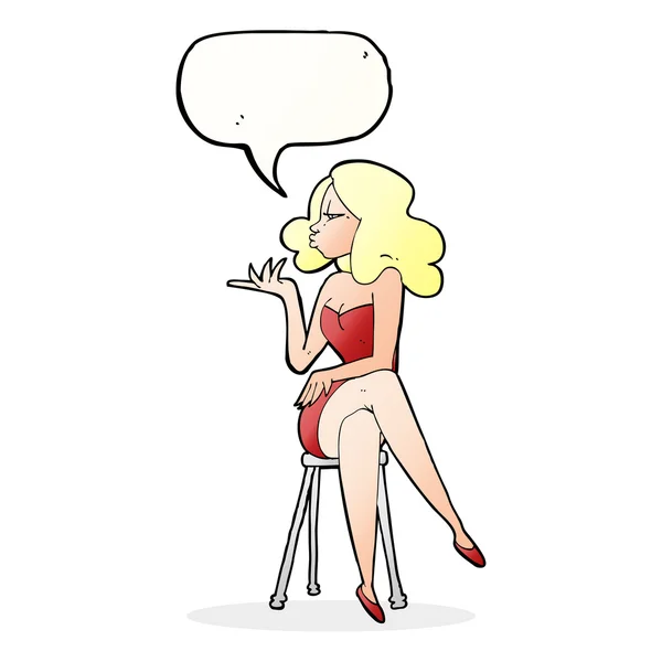 Dessin animé femme assise sur tabouret de bar avec bulle de parole — Image vectorielle