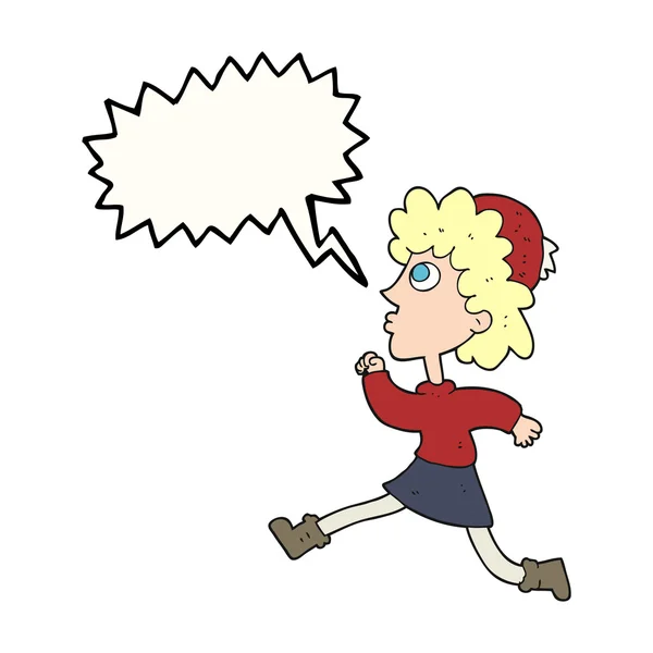 Говорящий мыльный пузырь мультфильм о бегущей женщине — стоковый вектор