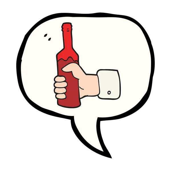 Discurso burbuja dibujos animados mano celebración botella de vino — Vector de stock