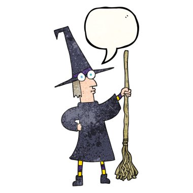 konuşma balonu dokulu karikatür cadı süpürge ile