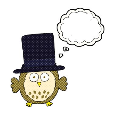 Silindir şapka giyen düşünce kabarcık karikatür baykuş