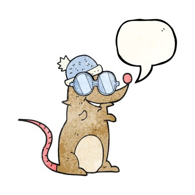 gözlük ve şapka giyen konuşma balonu dokulu karikatür fare