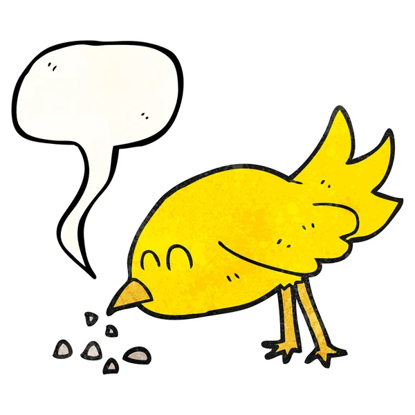Speech bubble textured cartoon bird pecking seeds — Stock Vector