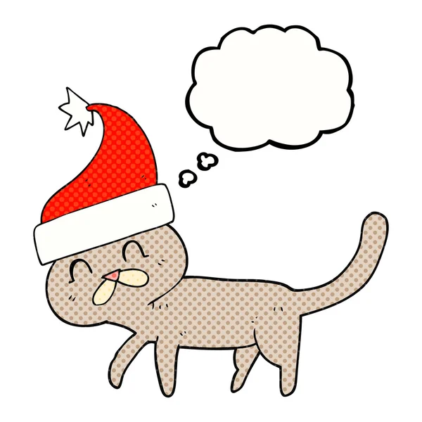 Pensamiento burbuja dibujos animados gato usando sombrero de Navidad — Vector de stock