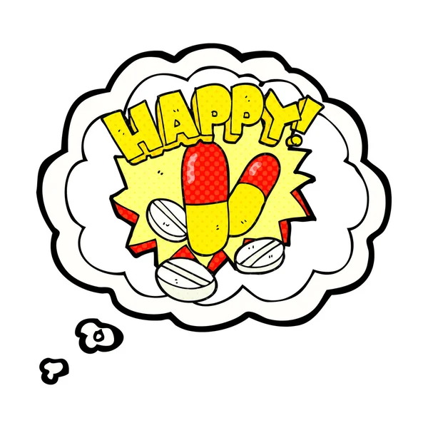 Pensamiento burbuja dibujos animados píldoras felices — Vector de stock