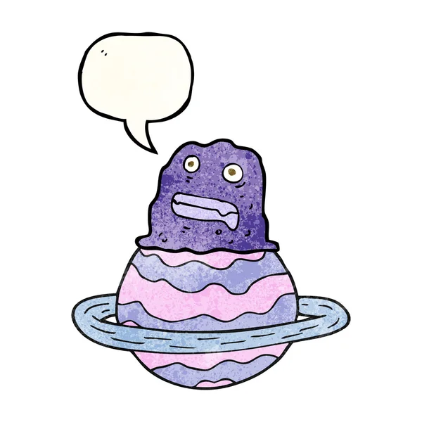 Speech bubble textured cartoon alien on planet — Stock Vector
