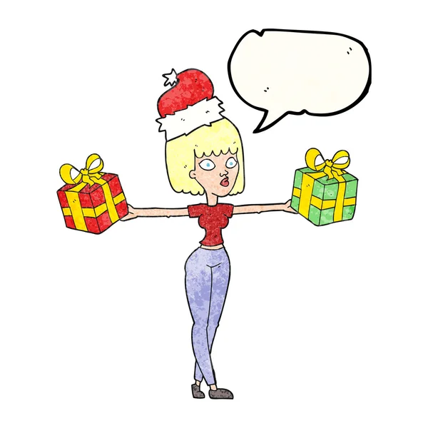 Voz burbuja textura dibujos animados mujer con regalos de Navidad — Archivo Imágenes Vectoriales