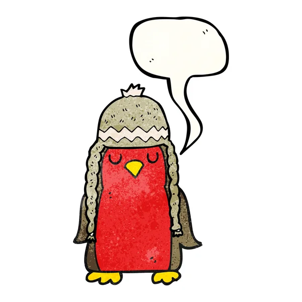 Sprechblase texturierte Karikatur Rotkehlchen trägt Wintermütze — Stockvektor