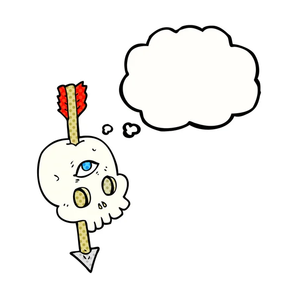 Thought bubble cartoon magic skull with arrow through brain — Stock Vector