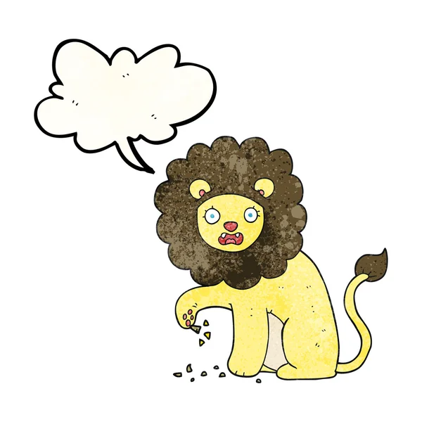 Toespraak bubble getextureerde cartoon leeuw met thorn in voet — Stockvector