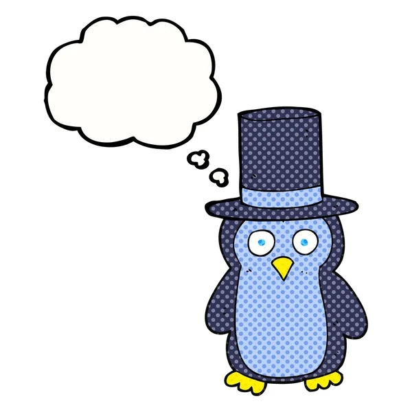 Pensamento bolha desenho animado pinguim usando chapéu — Vetor de Stock
